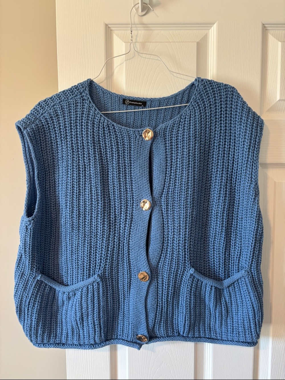 Sleeveless Knit Button Vest in Light Blue with Patch Pockets